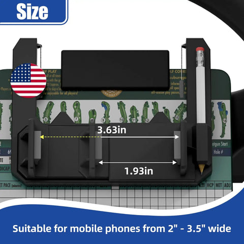 Heavy Duty Flip Up Golf Cart Steering Wheel Cell Phone Mount Fits Club Car EzGo Yamaha Carts With Scorecard Holder showing size measurements.