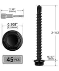 Black Hex Washer Head Sheet Metal Screws Set Size 14 Two And A Half Inch Self Drilling And Flanged Self Tapping 410 Stainless Steel Anti Rust 45 Pc Kit dimensions