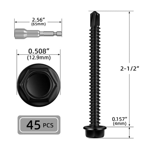 Black Hex Washer Head Sheet Metal Screws Set Size 14 Two And A Half Inch Self Drilling And Flanged Self Tapping 410 Stainless Steel Anti Rust 45 Pc Kit dimensions