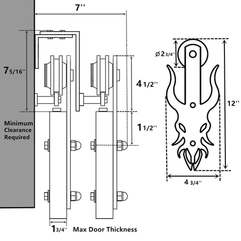 Diagram of Black Rustic Double Track U Shape Bypass Sliding Barn Door Hardware Kit For Two Doors 4.5ft with measurements
