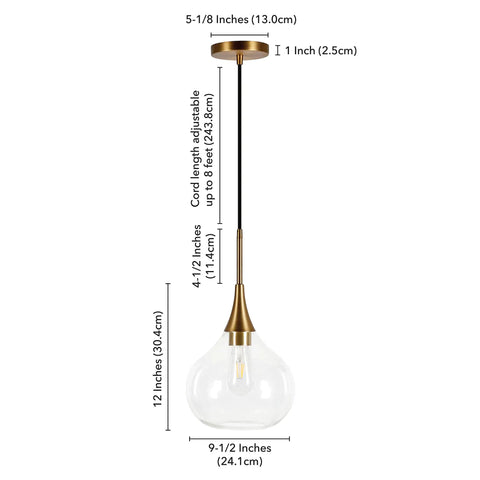 9 Inch Wide Pendant Light With Glass Shade In Brass And Clear Finish, compact modern ceiling fixture for kitchen islands