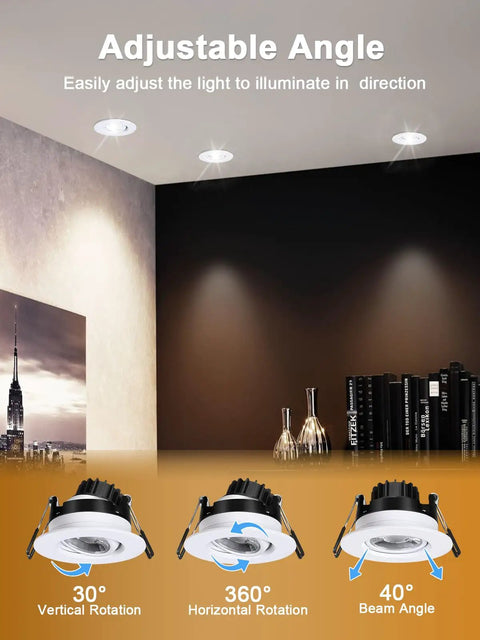 Canless Recessed Gimbal Downlight 3 Inch Eyeball Spotlight With 5 CCTs, Dimmable 8W, 360 Degree Rotatable and 30 Degree Tilt, Includes Junction Box, White Round Trim, Easy Install Ceiling Lights Kit, 6 Pack