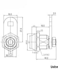 Technical drawing of Tubular Cabinet Cam Lock 19mm showing dimensions for furniture and cabinets, keyed lock security.