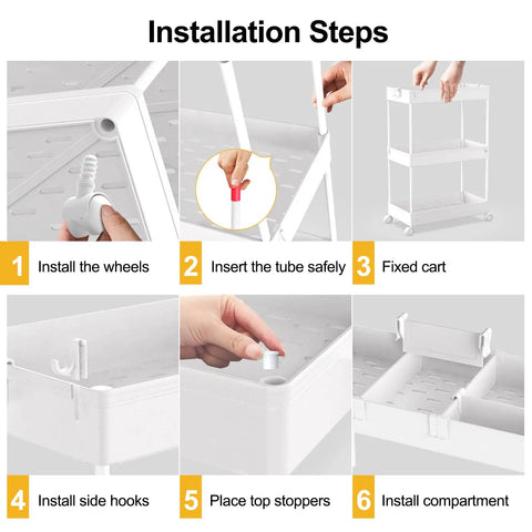 Installation steps for Four Tier Rolling Cart On Wheels With Three Hanging Baskets, easy assembly guide.