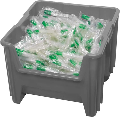 Heavy Duty Stackable Storage Bins For Garage And Home Organization Open Front Plastic Tool Organizer That Fits Shelves And Closets Durable 2-Pack In Gray 17.5 By 16.5 By 12.5 Inches holding packaged items.