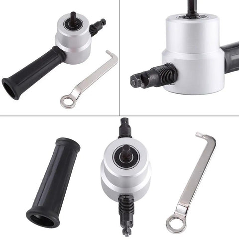 Heavy Duty Double Head Sheet Metal Cutter Electric Drill Nibbler Attachment With 360 Degree Adjustable Head, showing tool head and handle.