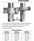 Installation instructions for Heavy Duty Galvanized Fork Latch For Chain Link Fences Fits 1 3 8 Inch Frame And 1 7 8 Inch Post.