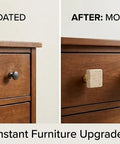 Comparison of before and after cabinet knobs, featuring Beige Travertine Square Cabinet Knob Set Of 6 With Screws.