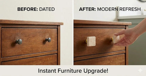 Comparison of before and after cabinet knobs, featuring Beige Travertine Square Cabinet Knob Set Of 6 With Screws.