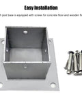 No Sweat Installation Heavy Duty Wood Post Base Brackets With Stainless Steel Railing Supports and Rust Resistant Column Protectors For Gazebo Deck Pergola and Fence Build, showing metal bracket with screws.