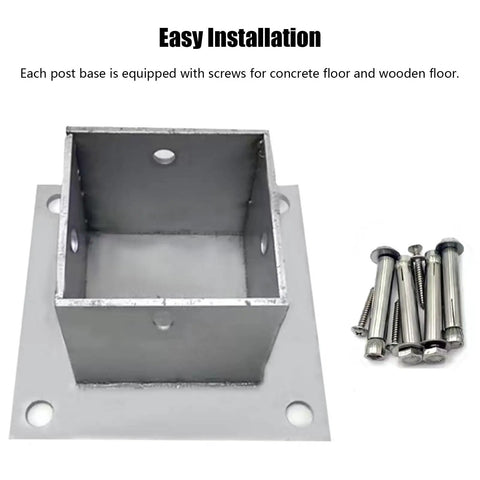 No Sweat Installation Heavy Duty Wood Post Base Brackets With Stainless Steel Railing Supports and Rust Resistant Column Protectors For Gazebo Deck Pergola and Fence Build, showing metal bracket with screws.