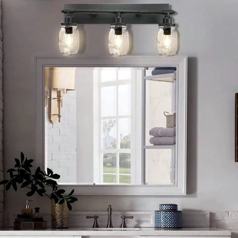 Industrial Mason Jar Vanity Light Wall Sconce In Black Finish, Three Light Bathroom Fixture over mirror in powder room