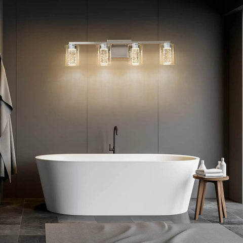 4 Light Brushed Nickel Vanity Light With 3 Color Modes 3000K 4000K 6500K Dimmable LED Bathroom Fixture above bathtub