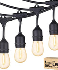 105 Ft Outdoor String Lights With 1W Dimmable S14 Bulbs, Commercial Grade Heavy Duty Waterproof Patio Bistro Market Lighting