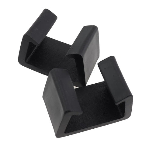 Two black heavy-duty plastic clips from 5 Pack Outdoor Patio Sectional Furniture Clips For Wicker Chairs Heavy-Duty Plastic Fasteners To Link Modular Sofa Sections Built To Last All Weather Indoor Or Outdoor Use set.
