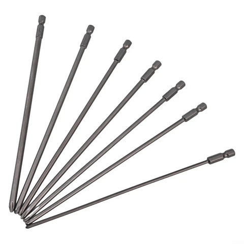 Ultra Long 7-Piece Screwdriver Bits Set PH1 PH2 With Deep Reach 200mm Extra Length Drivers For Tough Jobs 6.35mm Hex Shank Mag Head High Quality Steel Power Tool Kit That Never Gets Slipped. 7-piece steel hex shank bits, 200mm