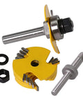 Adjustable Three Wing Slot Cutter Router Bit Set With Bearings One Quarter Inch Shank One Half Inch Cutting Depth One Seven Eighth Inch Cutter Diameter Includes Six Widths From One Sixteenth To One Quarter Inch Anti Kickback CNC Balanced For Killer displayed with yellow blades and metal shank.