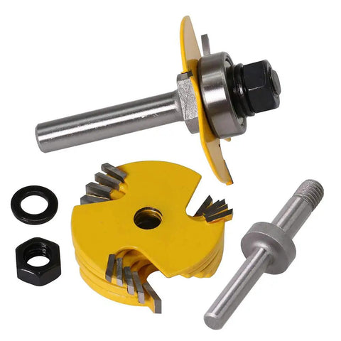 Adjustable Three Wing Slot Cutter Router Bit Set With Bearings One Quarter Inch Shank One Half Inch Cutting Depth One Seven Eighth Inch Cutter Diameter Includes Six Widths From One Sixteenth To One Quarter Inch Anti Kickback CNC Balanced For Killer displayed with yellow blades and metal shank.