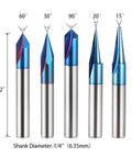 All In One 5 Piece CNC Wood Carving Router Bits Set With One Quarter Inch Shank displayed vertically, showcasing 15 to 90 degree angles with Nano Blue Coating