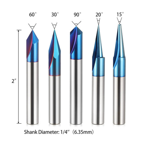 All In One 5 Piece CNC Wood Carving Router Bits Set With One Quarter Inch Shank displayed vertically, showcasing 15 to 90 degree angles with Nano Blue Coating