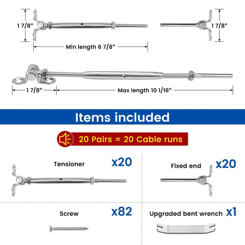 Cable Railing Hardware Kit With Swage Toggle Turnbuckles For Wood Posts, Twelve Pairs One Eighth Inch Wire Rope, Stainless Steel T316 Deck Railing System With Multi Angle Adjustable Stairs And Horizontal Runs, 24 Pack items included and dimensions