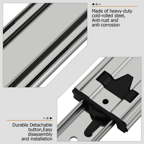 Close-up of a 22 Inch Beefy Heavy Duty Drawer Slides Without Lock Full Extension Ball Bearing Industrial Slides With 3 Section Tracks And Runners 150 Lb Load Capacity Side Mount For Dresser Toolbox RV Truck Bed showing zinc-plated steel.