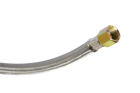 Close-up of stainless steel braided hose section for Five-Foot Universal QCC1 Low-Pressure Propane Regulator With Stainless Steel Braided Hose.
