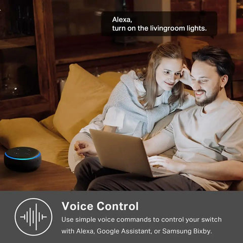 Couple using laptop to control 2-Gang Smart Wi-Fi Light Switch With Neutral Wire Required, Works With Alexa And Google Home, No Hub Needed