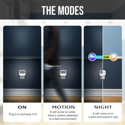Plug In Motion Sensor Night Light With 3 Modes, Dimmable Dual Color Warm White To Cool White, UL Certified, showing modes on, motion, night.