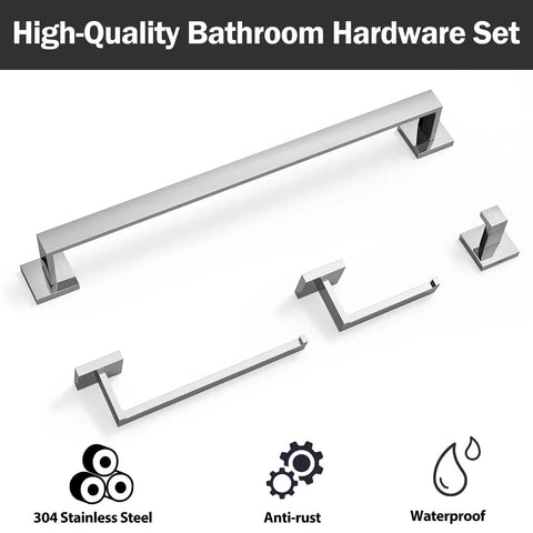 Dope Modern Square Polished Chrome Bathroom Hardware Set With 24 Inch Towel Bar Wall Mounted Four Piece SUS304 Stainless Steel Bath Accessories For Everyday Use, shown in high-quality polished finish.