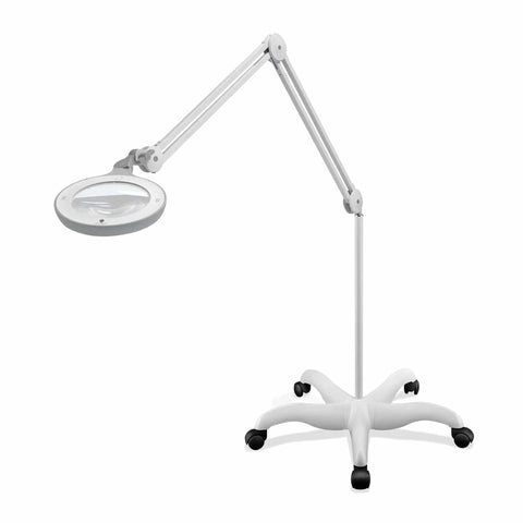 Pro Grade LED Magnifying Lamp With Interchangeable Glass Lenses 3 Diopter And 5 Diopter Adjustable Arm on wheeled base