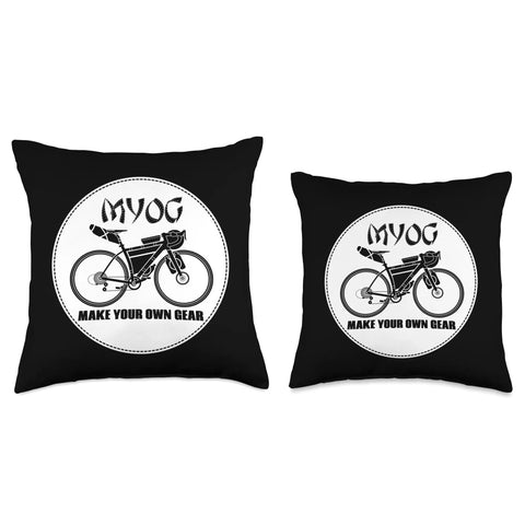 Bikepacking Throw Pillow For DIY Adventurers Make Your Own Gear Design Cushion with MYOG bicycle illustration, spun-polyester.