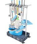 Grab-And-Go Mobile Broom And Mop Organizer Cart with drying hooks and wheeled storage holding cleaning tools and buckets