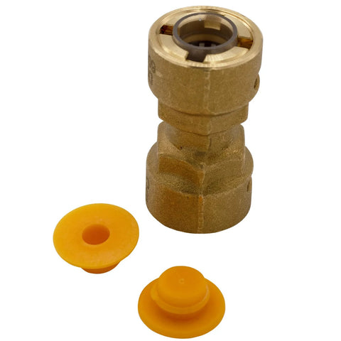 Brass SB1 3/8-inch quick-connect HVAC coupler with two yellow protective caps
