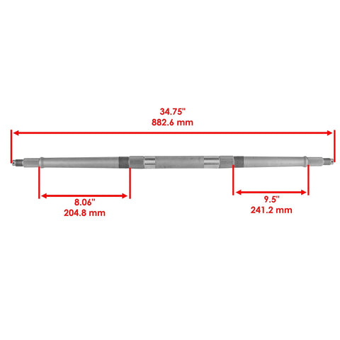 Rear axle shaft bearing housing carrier hub; metal rod with spline ends, 34.75 in long.