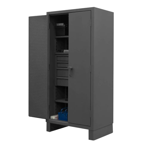 Rugged Industrial Metal Storage Cabinet With Tough As Nails Lockable Recessed Door Extra Heavy Duty Workshop Cupboard For Garage And Warehouse Tools And Supplies Sturdy Steel Construction For Reliable Daily Use, open with shelves