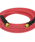Ultra Lightweight Three Eighths Inch By Twenty Five Foot Rubber Air Hose With Three Eighths Inch NPT Ends coiled on white background