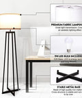 Tall 62 Inch Floor Lamp With Black Metal Base, White Fabric Drum Shade And 9W LED Bulb next to a desk in an office setting