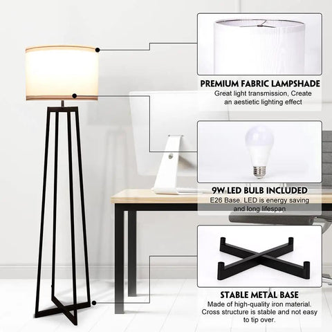 Tall 62 Inch Floor Lamp With Black Metal Base, White Fabric Drum Shade And 9W LED Bulb next to a desk in an office setting