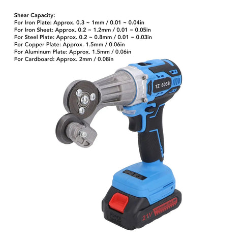 Jauarta 21V Cordless Electric Metal Shear With Rechargeable Battery Rotating Head And LED Light For Cutting Iron Sheet Aluminum, close-up of cutting head.