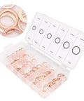 110 Piece Copper Washer Set With Mixed Sizes For Brake Lines Oil Lines And Small Engine Repair Durable High Conductivity Seals For A Tight Fit And Heat Resistance Your Go To Grounding Task Kit, mixed-size copper washers in organizer