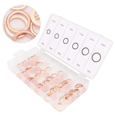 110 Piece Copper Washer Set With Mixed Sizes For Brake Lines Oil Lines And Small Engine Repair Durable High Conductivity Seals For A Tight Fit And Heat Resistance Your Go To Grounding Task Kit, mixed-size copper washers in organizer