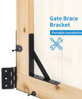 Heavy Duty Gate Hardware Set With Beefy Anti Sag Corner Braces for wooden fences, showing triangular support and hinge installed on wood gate.