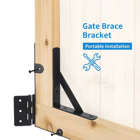 Heavy Duty Gate Hardware Set With Beefy Anti Sag Corner Braces for wooden fences, showing triangular support and hinge installed on wood gate.