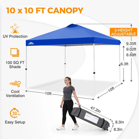 Pop Up Canopy Tent With Wheeled Carry Bag For Easy One Person Setup 10x10 Foot Shade Canopy Providing 100 Sq Ft Of Coverage Blue