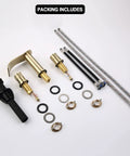 Brushed Gold Bathroom Sink Faucet Eight Inch Widespread With Two Handles Brass Waterfall Lavatory Vanity Faucet Overflow Pop Up Drain Assembly Drip Free Ceramic Cartridge components displayed on a flat surface.