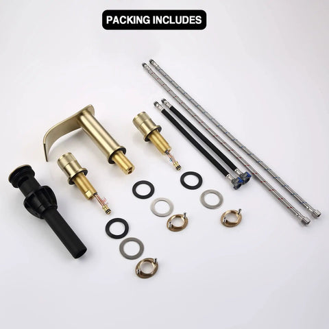 Brushed Gold Bathroom Sink Faucet Eight Inch Widespread With Two Handles Brass Waterfall Lavatory Vanity Faucet Overflow Pop Up Drain Assembly Drip Free Ceramic Cartridge components displayed on a flat surface.