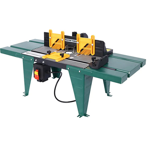 Heavy Duty Benchtop Router Table Featuring Dual Extension Wings And Smooth Glide Fence With Reliable Motor Mounts For Badass Woodworking Projects and Killer Shop Setup Today, shown from the front with adjustable clamps.