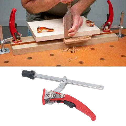 Heavy Duty Bench Clamp With Ratchet Lock for woodworking projects on a workbench, fits 20mm base and 13.5x6.5mm dog holes