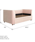 Valentina Twin Upholstered Daybed With Trundle In Pink Velvet For Sleepovers, side view with dimensions and weight limit